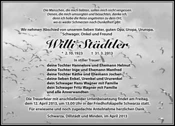 Traueranzeige von Willi Städtler von Südthüringer Presse