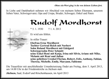 Traueranzeige von Rudolf Mordhorst von Südthüringer Presse