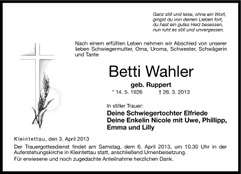Traueranzeige von Betti Wahler von Neue Presse Coburg