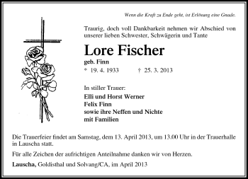 Traueranzeige von Fischer Lore von Südthüringer Presse