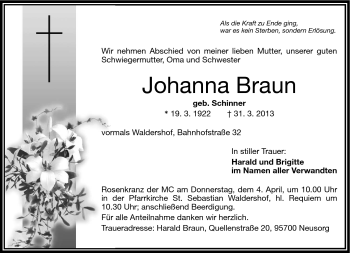 Traueranzeige von Johanna Braum von Frankenpost