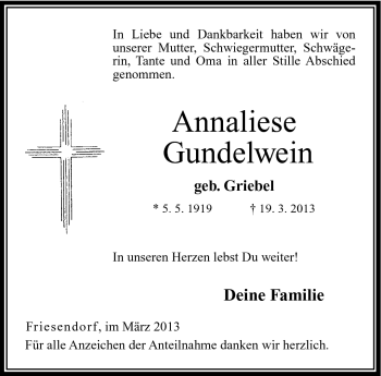 Traueranzeige von Annaliese Gundelwein von Neue Presse Coburg