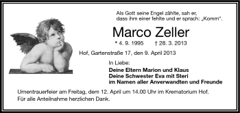 Traueranzeige von Marco Zeller von Frankenpost