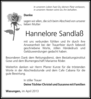 Traueranzeige von Hannelore Sandlaß von Südthüringer Presse
