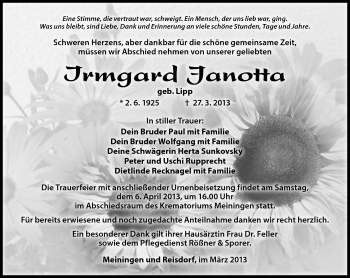 Traueranzeige von Irmgard Janotta von Südthüringer Presse