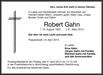 Traueranzeige von Robert Gahn von Frankenpost