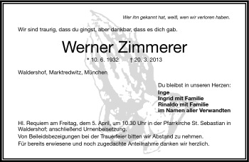 Traueranzeige von Werner Zimmerer von Frankenpost