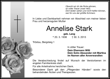 Traueranzeige von Anneliese Stark von Frankenpost