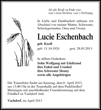 Traueranzeige von Lucie Eschenbach von Südthüringer Presse