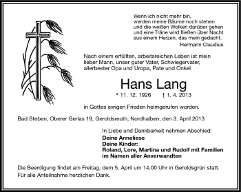 Traueranzeige von Hans Lang von Frankenpost