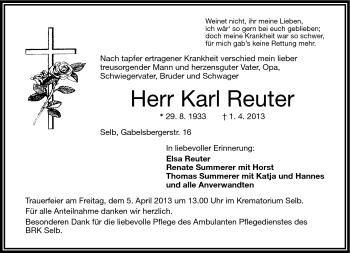 Traueranzeige von Karl Reuter von Frankenpost
