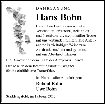 Traueranzeige von Hans Bohn von Südthüringer Presse