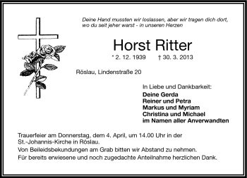 Traueranzeige von Horst Ritter von Frankenpost