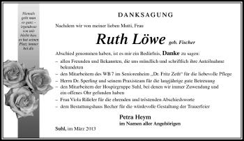Traueranzeige von Ruth Löwe von Südthüringer Presse