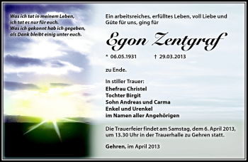 Traueranzeige von Egon Zentgraf von Südthüringer Presse