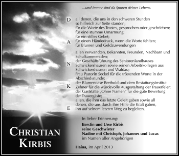 Traueranzeige von Christian Kirbis von Südthüringer Presse
