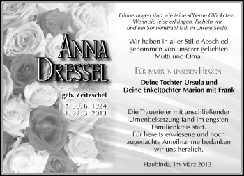 Traueranzeige von Anna Dressel von Südthüringer Presse