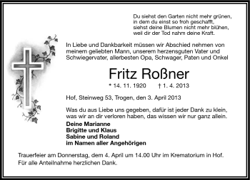 Traueranzeige von Fritz Roßner von Frankenpost