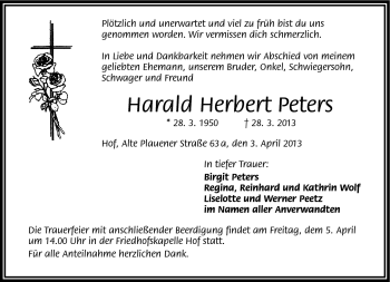Traueranzeige von Harald Herbert Peters von Frankenpost