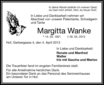 Traueranzeige von Margitta Wanke von Frankenpost