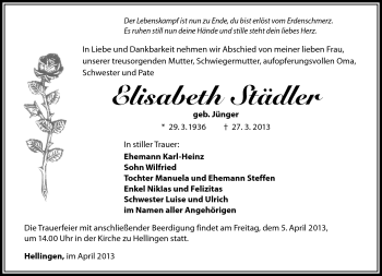 Traueranzeige von Elisabeth Städler von Südthüringer Presse