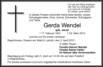 Traueranzeige von Gerda Wendel von Frankenpost