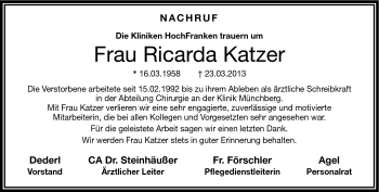 Traueranzeige von Ricarda Katzer von Frankenpost