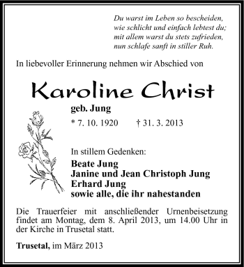 Traueranzeige von Karoline Christ von Südthüringer Presse
