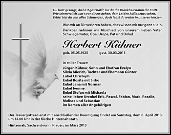 Traueranzeige von Herbert Kühner von Südthüringer Presse