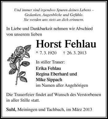 Traueranzeige von Horst Fehlau von Südthüringer Presse
