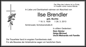 Traueranzeige von Ilse Brendler von Frankenpost