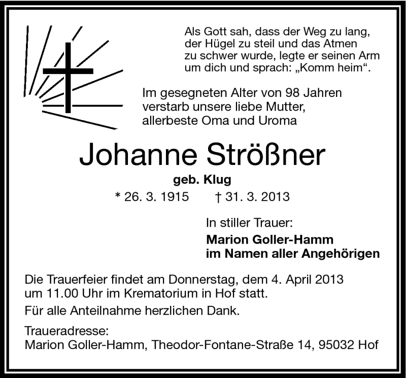  Traueranzeige für Johanne Strößner vom 03.04.2013 aus Frankenpost