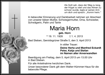 Traueranzeige von Maria Horn von Frankenpost