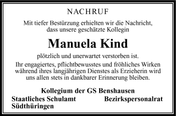 Traueranzeige von Manuela Kind von Südthüringer Presse