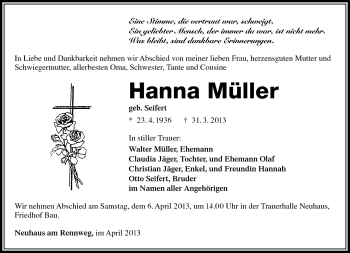 Traueranzeige von Hanna Müller von Südthüringer Presse
