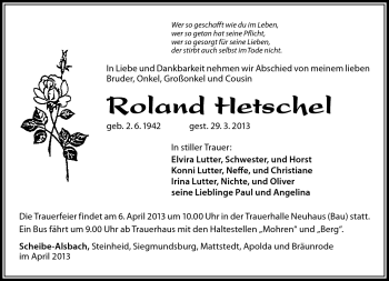 Traueranzeige von Roland Hetschel von Südthüringer Presse
