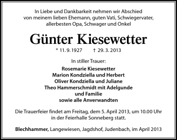 Traueranzeige von Günter Kiesewetter von Südthüringer Presse
