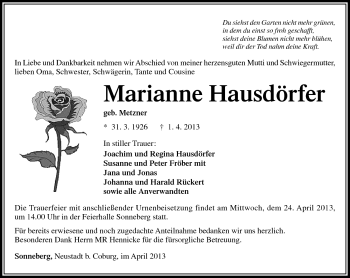 Traueranzeige von Marianne Hausdörfer von Südthüringer Presse