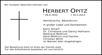 Traueranzeige von Herbert Opitz von Frankenpost