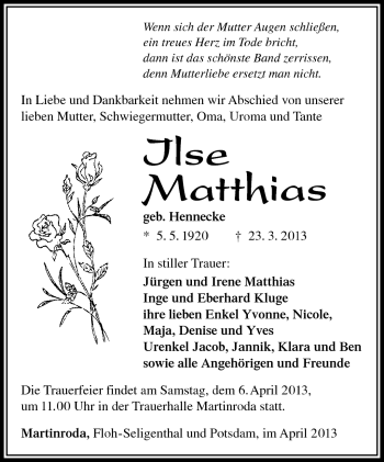 Traueranzeige von Ilse Matthias2 von Südthüringer Presse