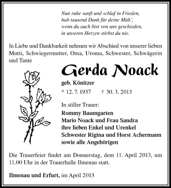 Traueranzeige von Gerda Noack von Südthüringer Presse