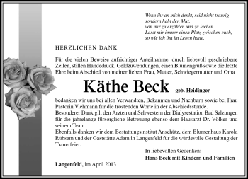 Traueranzeige von Käthe Beck von Südthüringer Presse