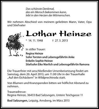 Traueranzeige von Lothar Heinze von Südthüringer Presse