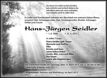 Traueranzeige von Hans-Jürgen Seidler von Südthüringer Presse