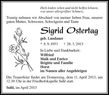 Traueranzeige von Sigrid Ostertag von Südthüringer Presse