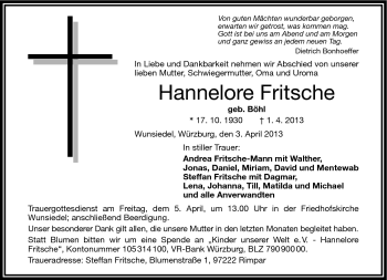 Traueranzeige von Hannelore Fritsche von Frankenpost