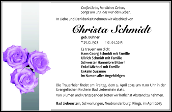 Traueranzeige von Christa Schmidt von Südthüringer Presse