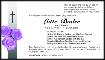 Traueranzeige von Lotte Bader von Südthüringer Presse