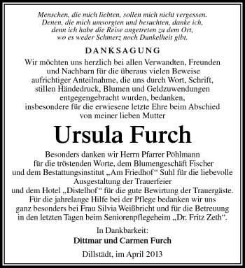 Traueranzeige von Ursula Furcvh von Südthüringer Presse