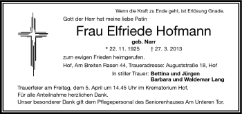 Traueranzeige von Elfriede Hofmann von Frankenpost
